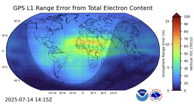 GloTEC, a real-time global Total Electron Content (TEC) map from NOAA’s Space Weather Prediction Center (SWPC), was released in February 2025. GloTEC assimilates both ground- and space-based observations to provide real-time global ionospheric corrections without relying on error-prone linear combinations. (Credit: NOAA)